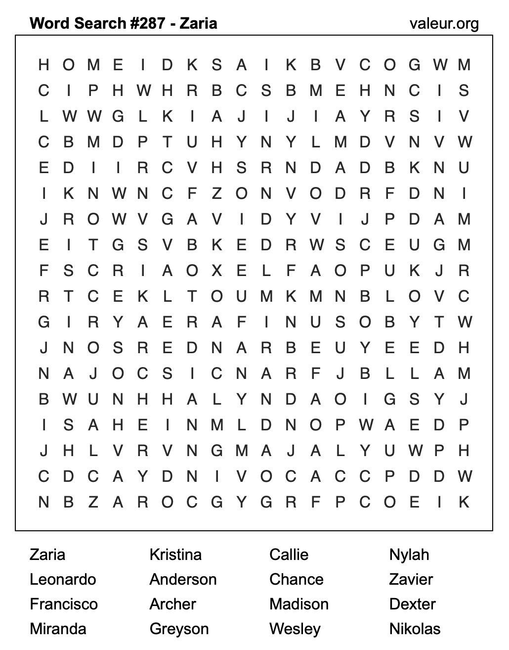 Word Search Puzzle with the name Zaria #287 Word Search Puzzle with the name Zaria #287
