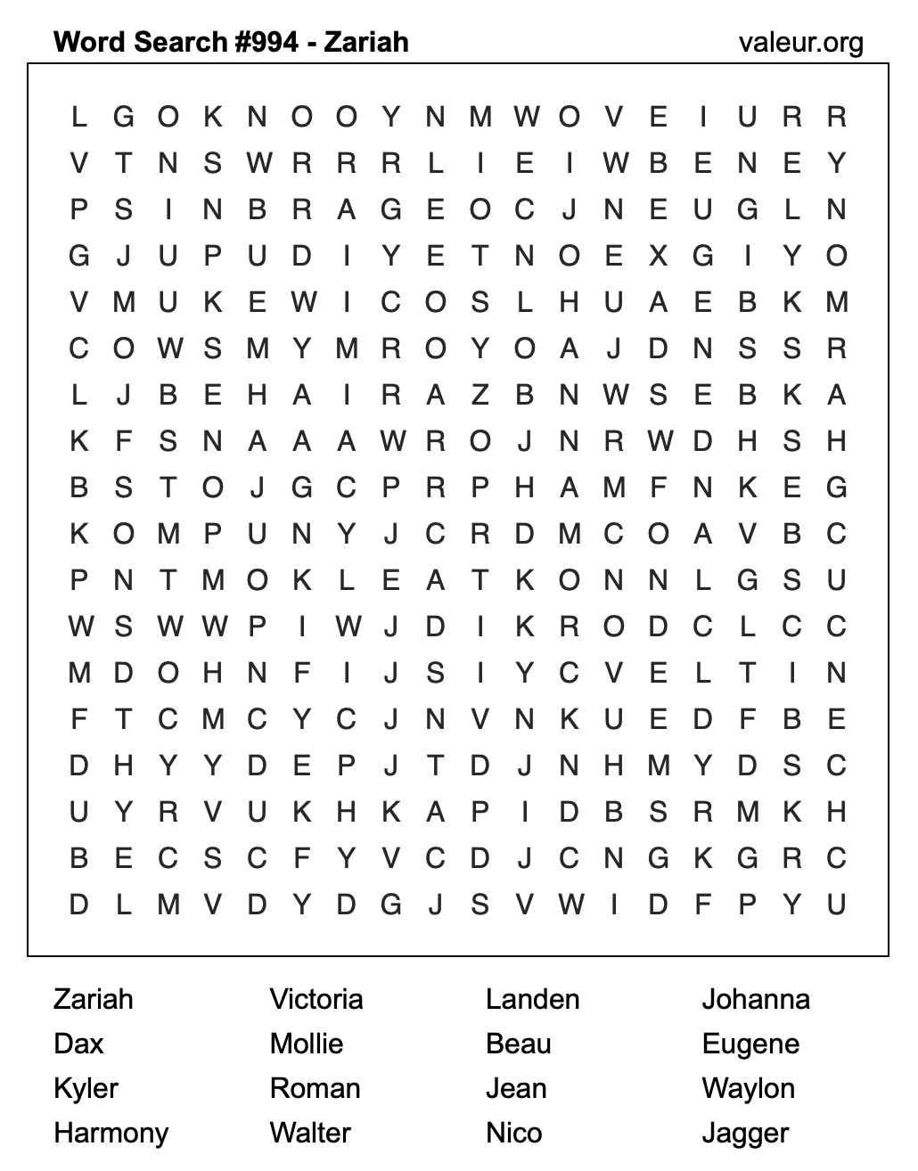 Word Search Puzzle with the name Zariah #994