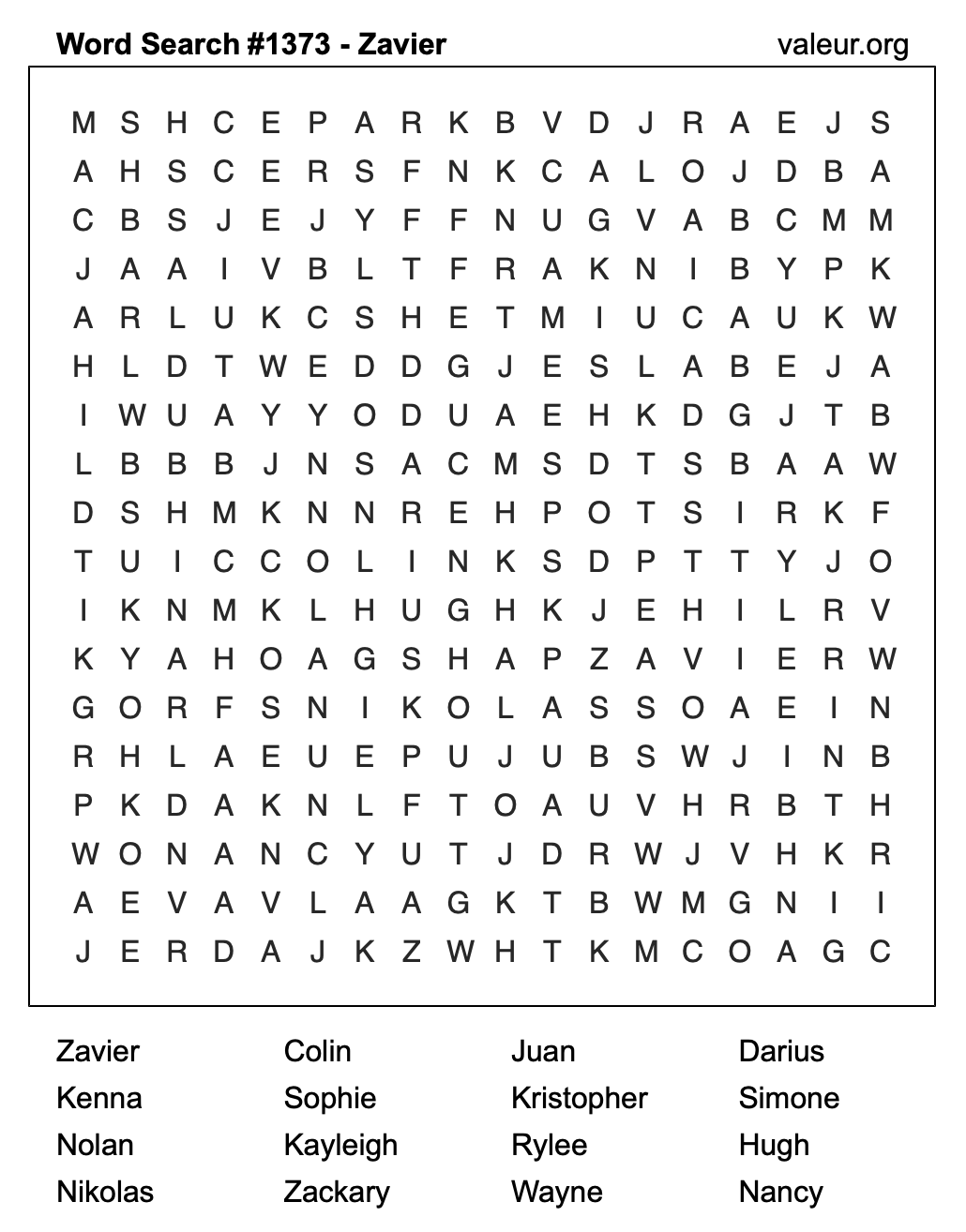 Word Search Puzzle with the name Zavier #1373