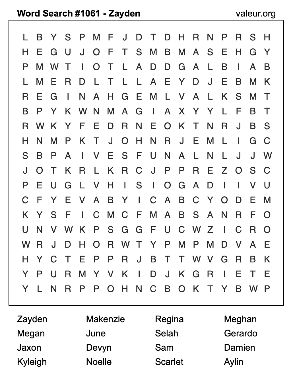 Word Search Puzzle with the name Zayden #1061