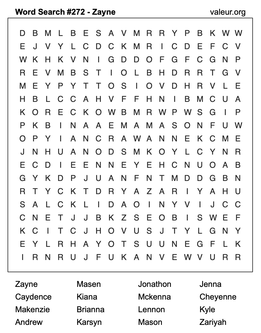 Word Search Puzzle with the name Zayne #272