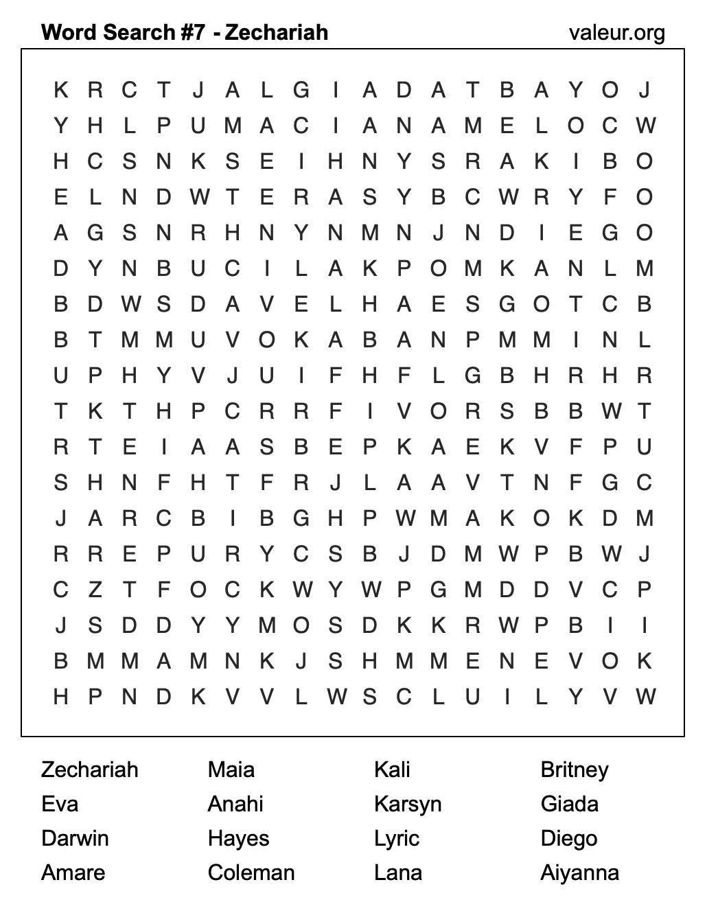 Word Search Puzzle with the name Zechariah #7