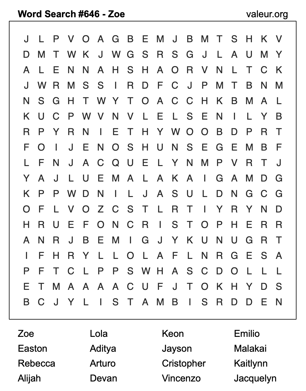 Word Search Puzzle with the name Zoe #646