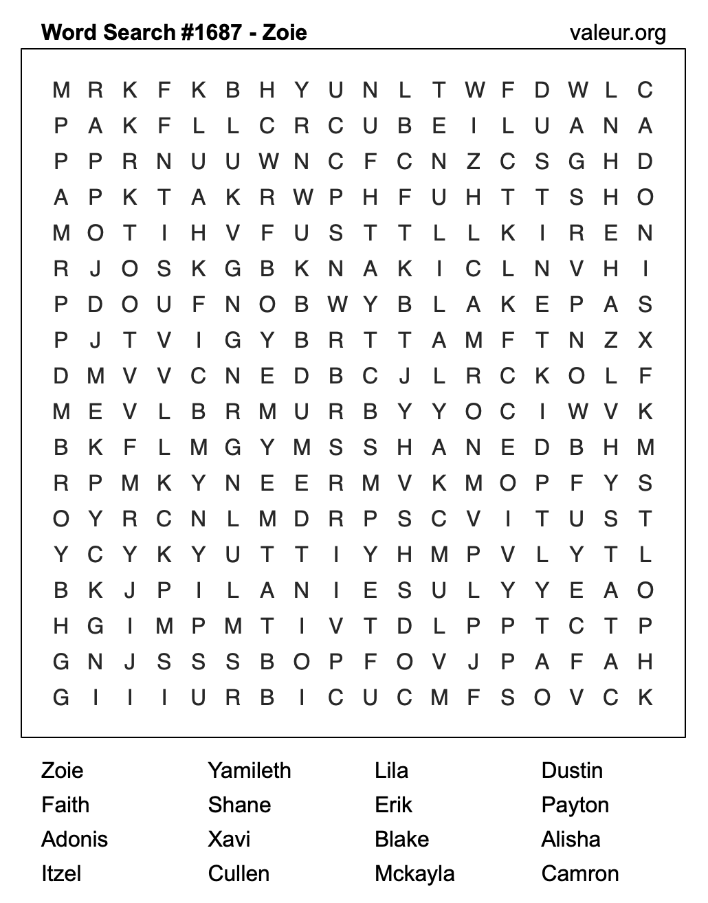Word Search Puzzle with the name Zoie #1687 Word Search Puzzle with the name Zoie #1687