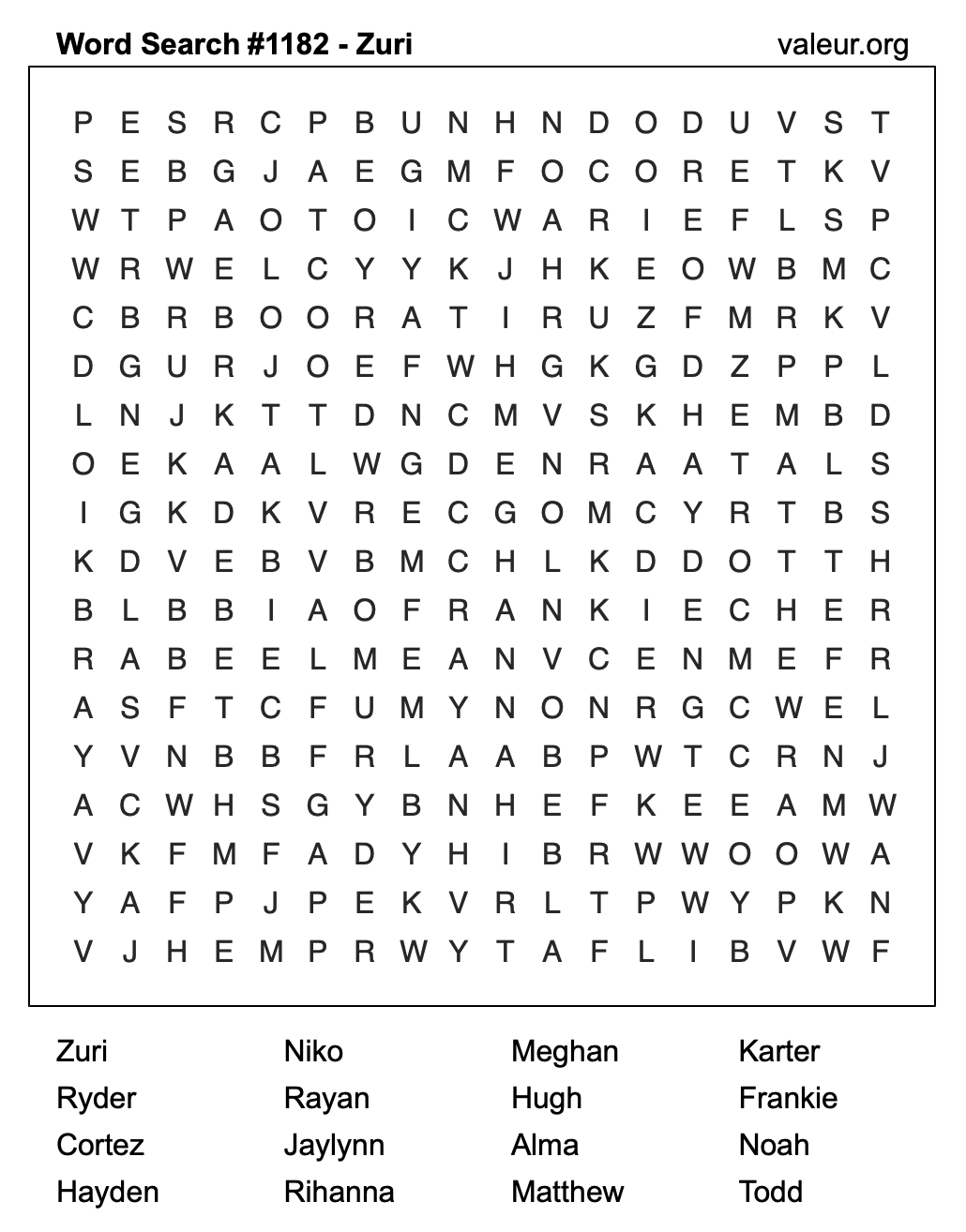 Word Search Puzzle with the name Zuri #1182