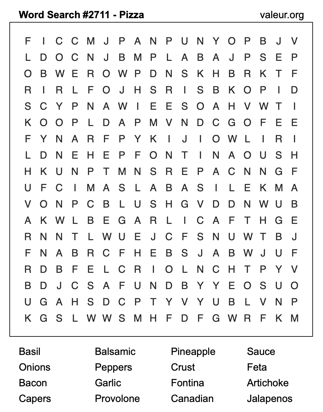 Pizza Word Search Puzzle #2711 Pizza Word Search Puzzle #2711