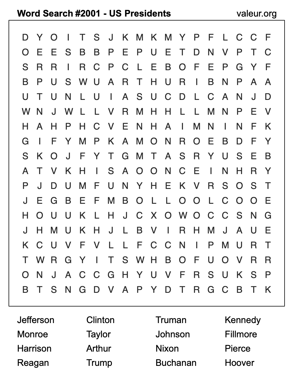 Word Search Puzzle with US Presidents #2001