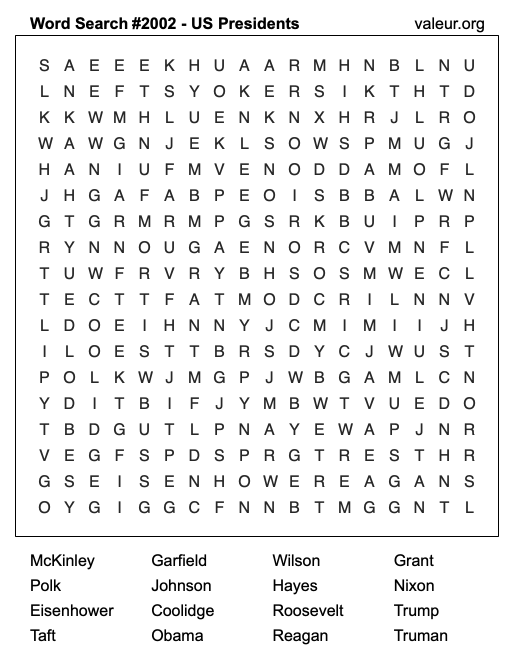 Word Search Puzzle with US Presidents #2002