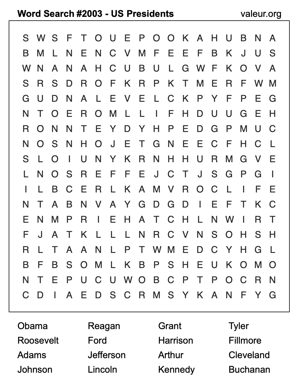 Word Search Puzzle with US Presidents #2003