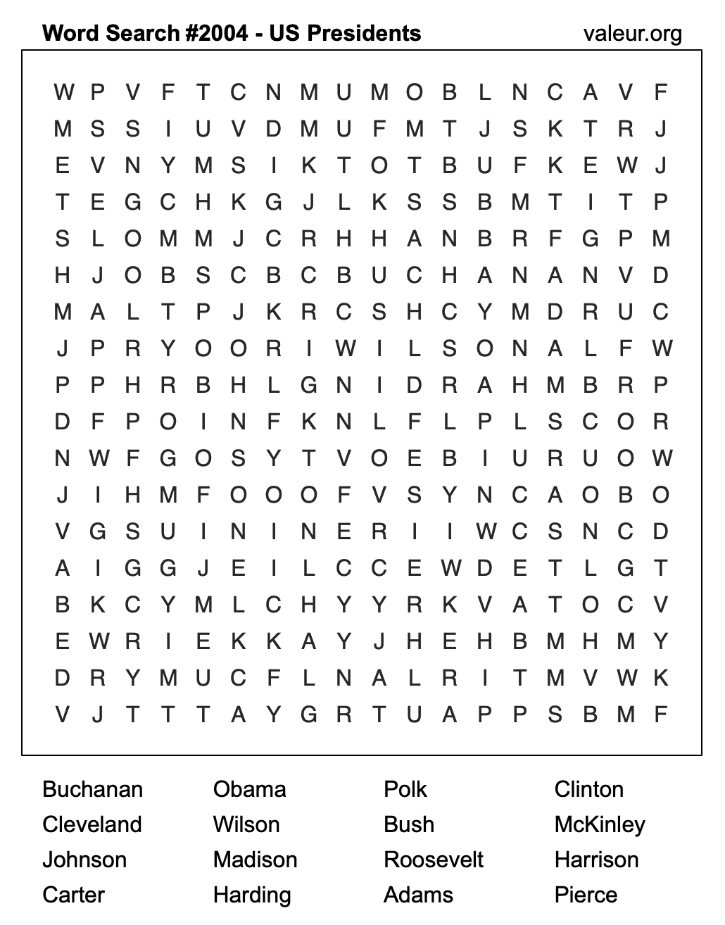 Word Search Puzzle with US Presidents #2004