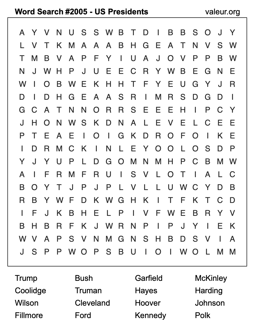 Word Search Puzzle with US Presidents #2005