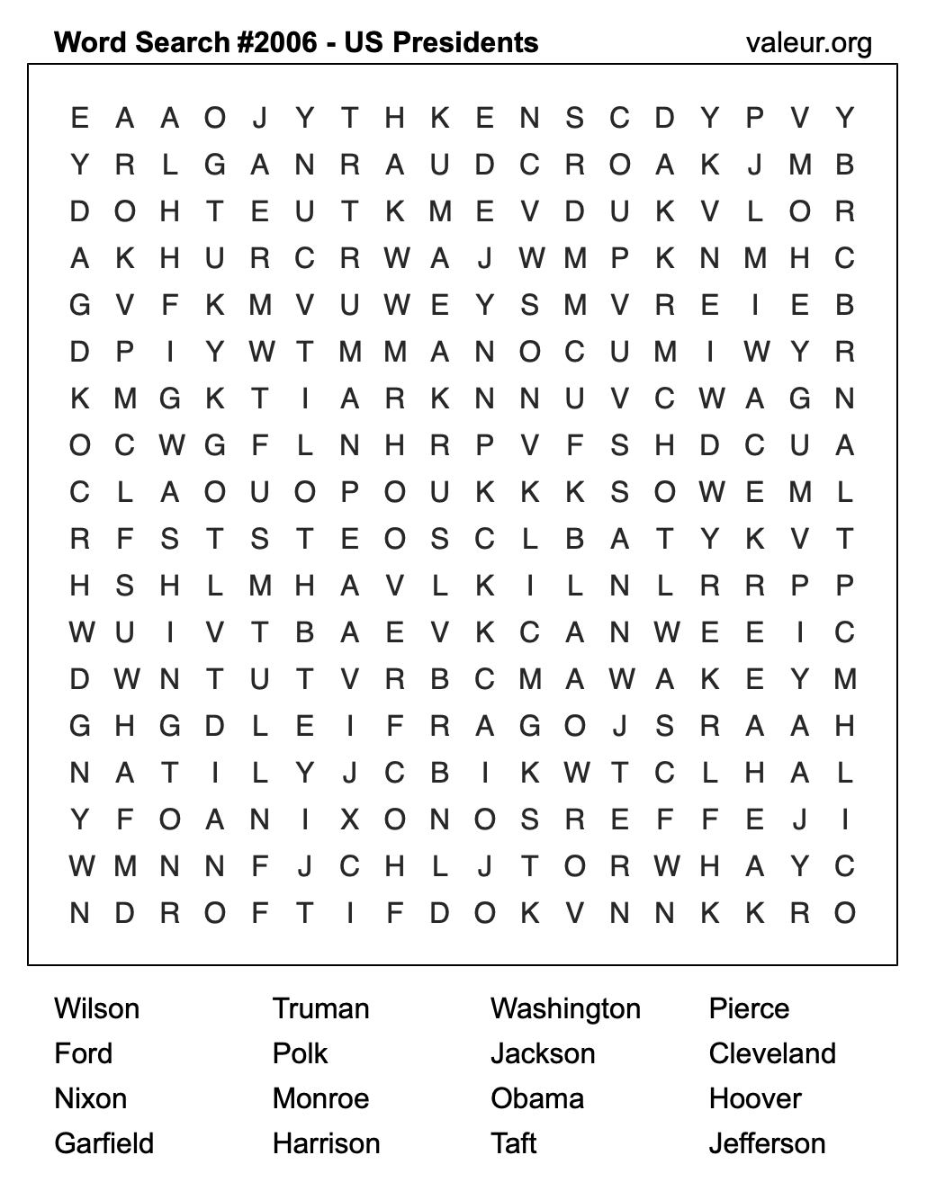 Word Search Puzzle with US Presidents #2006