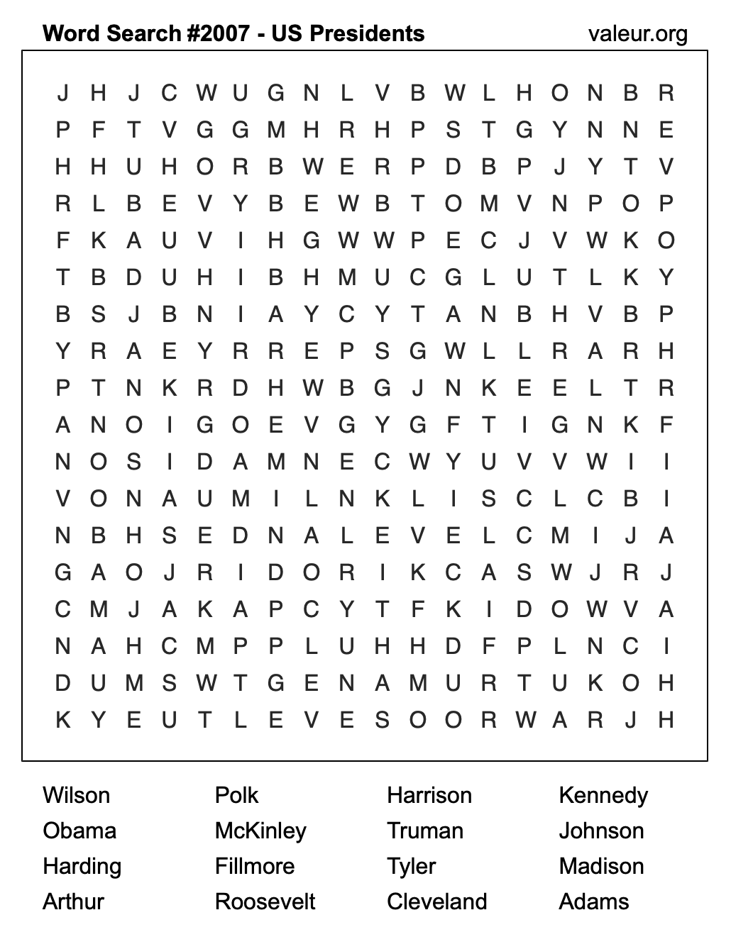 Word Search Puzzle with US Presidents #2007