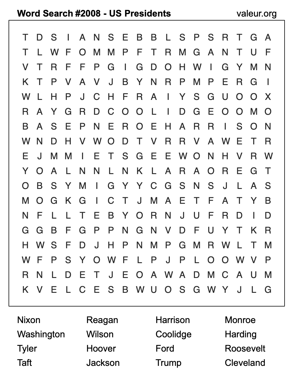 Word Search Puzzle with US Presidents #2008