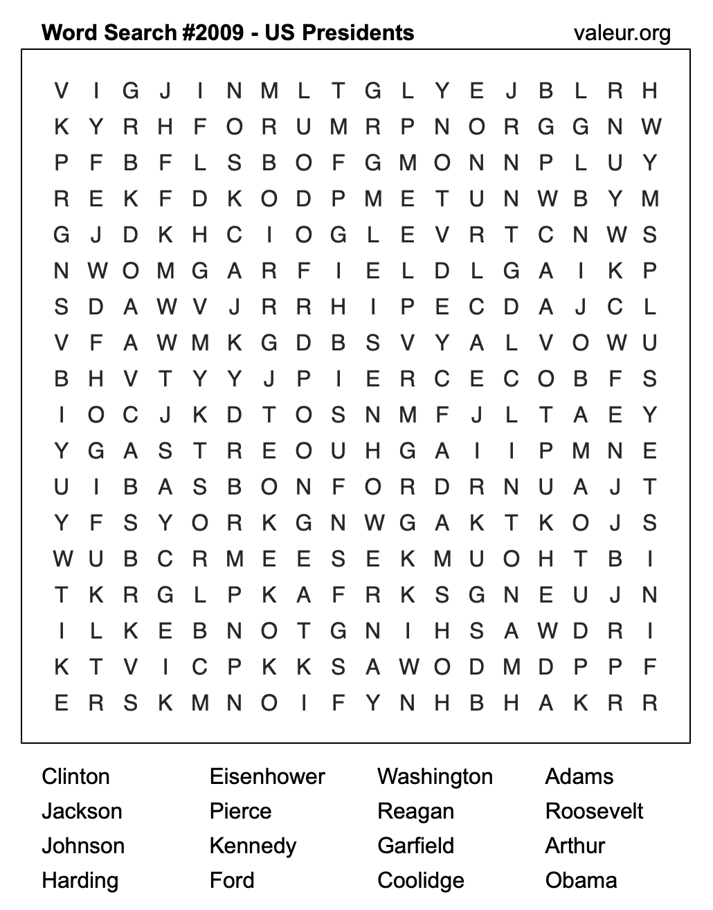 Word Search Puzzle with US Presidents #2009