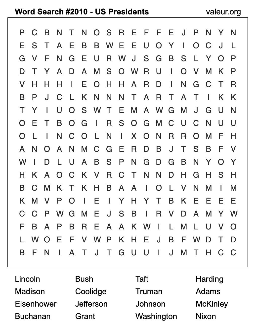 Word Search Puzzle with US Presidents #2010