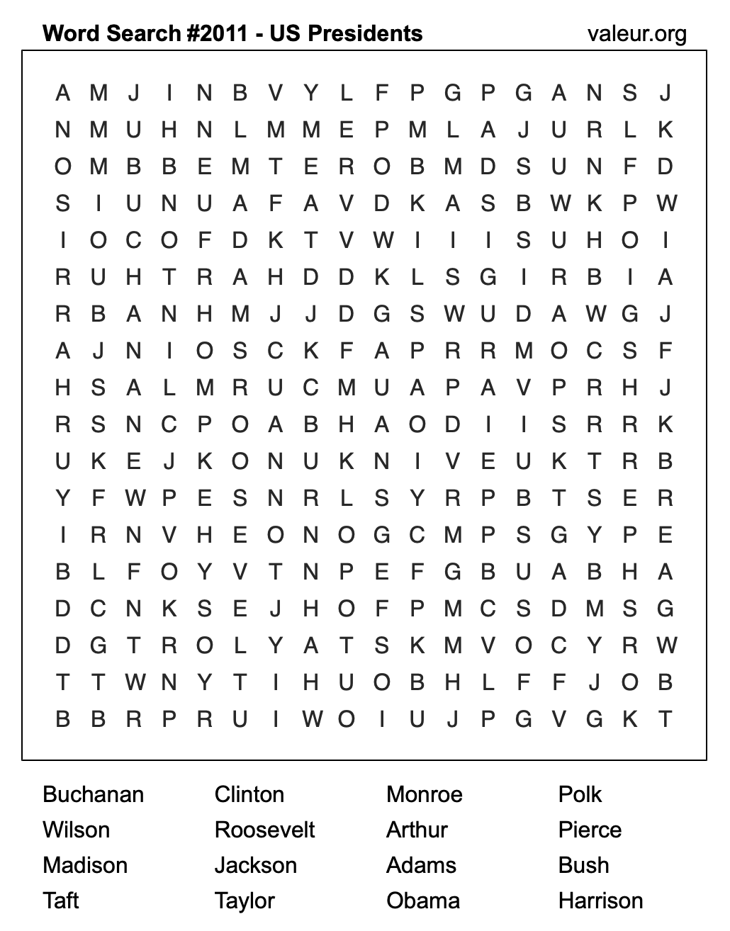 Word Search Puzzle with US Presidents #2011