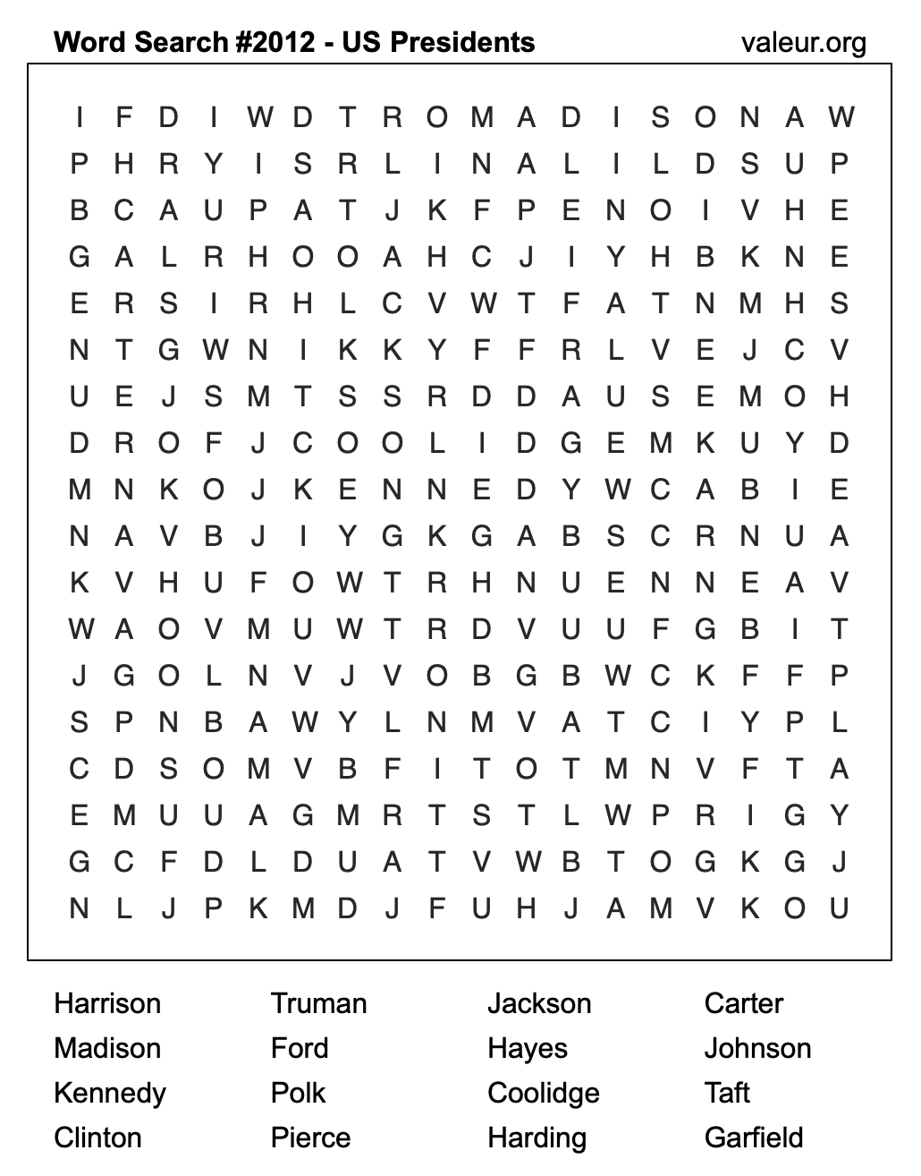 Word Search Puzzle with US Presidents #2012