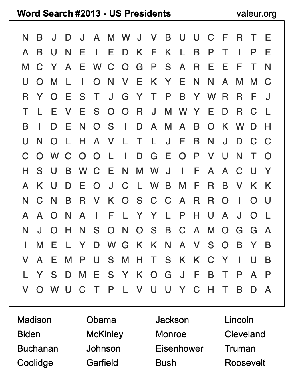 Word Search Puzzle with US Presidents #2013