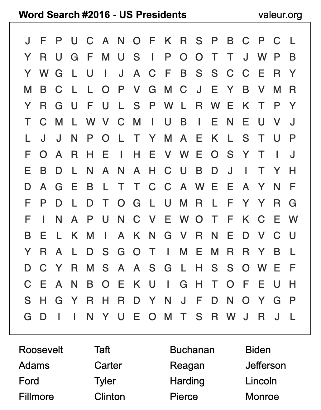 Word Search Puzzle with US Presidents #2016