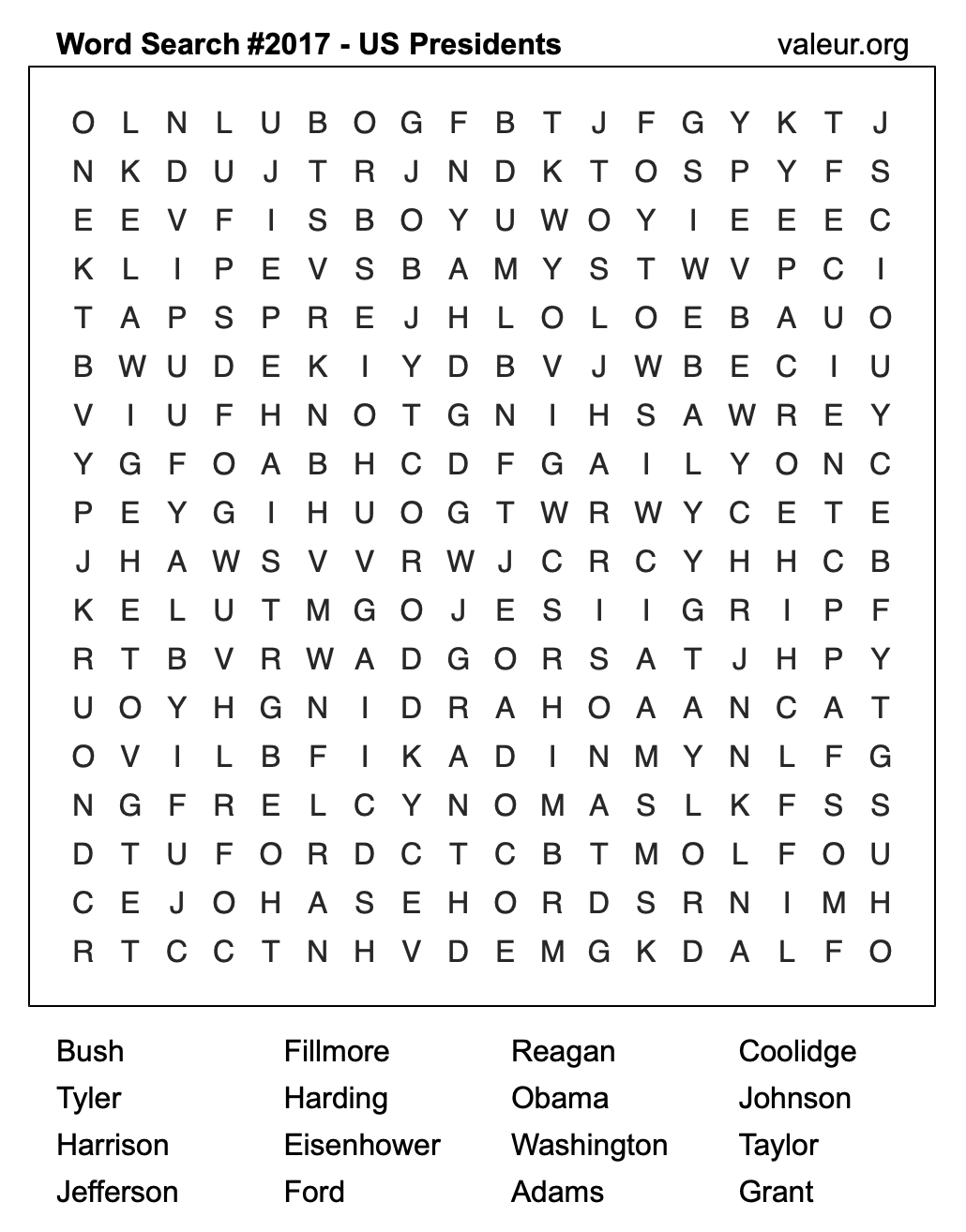 Word Search Puzzle with US Presidents #2017