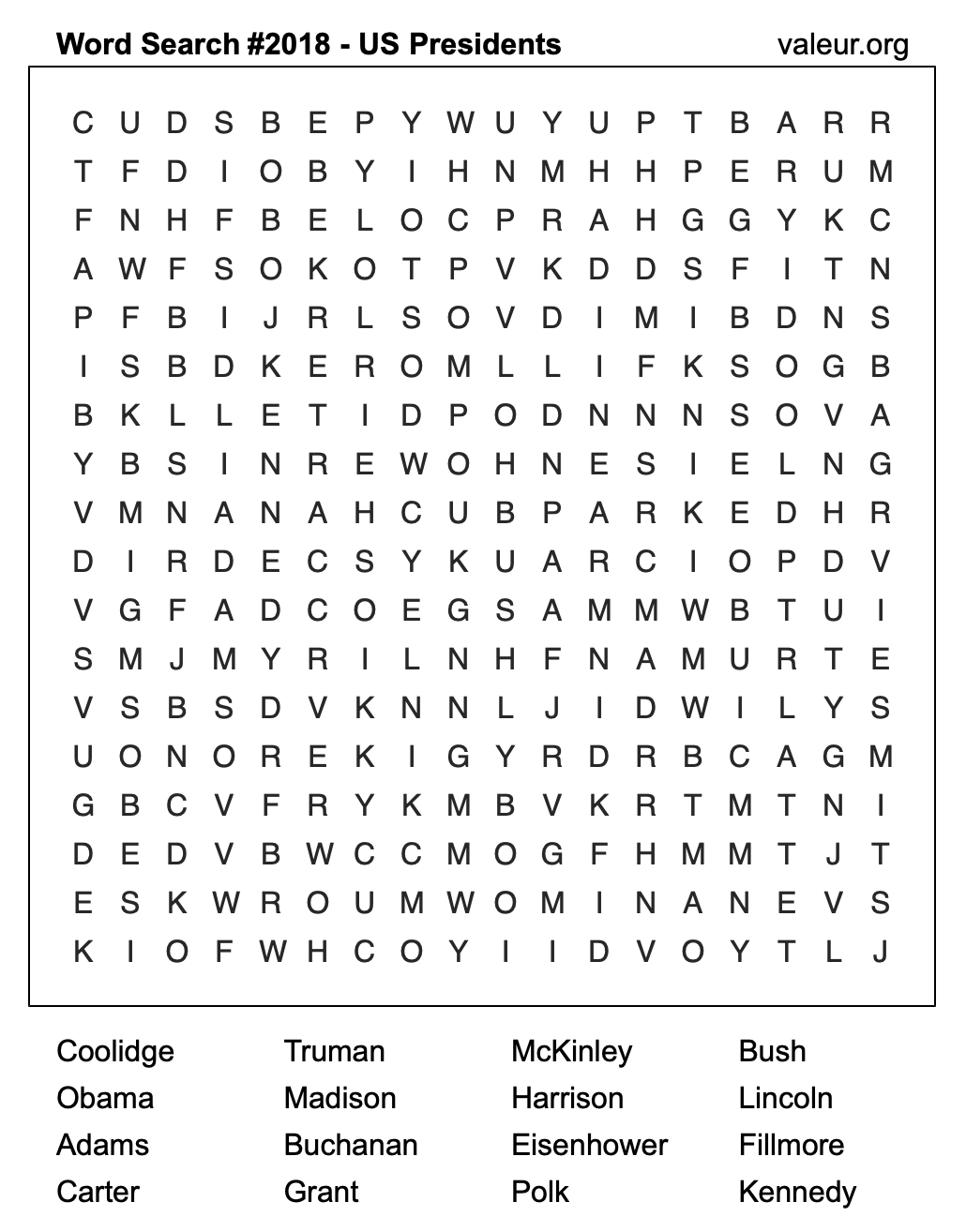 Word Search Puzzle with US Presidents #2018