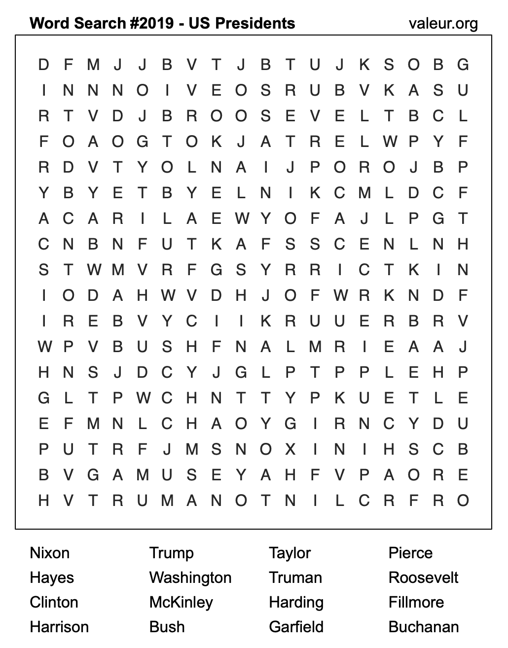 Word Search Puzzle with US Presidents #2019