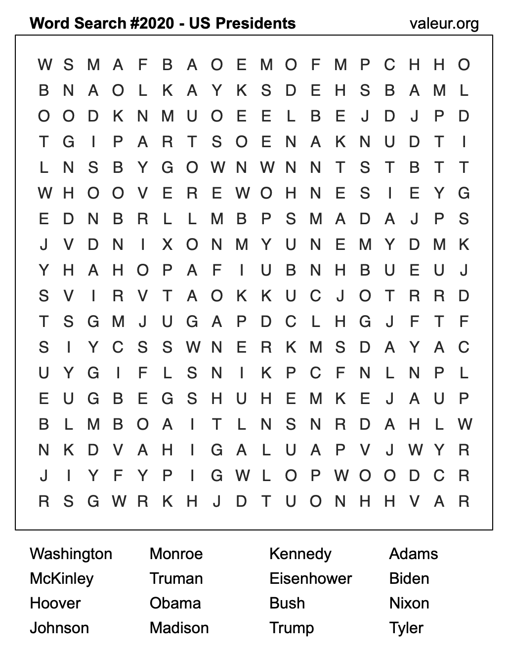 Word Search Puzzle with US Presidents #2020