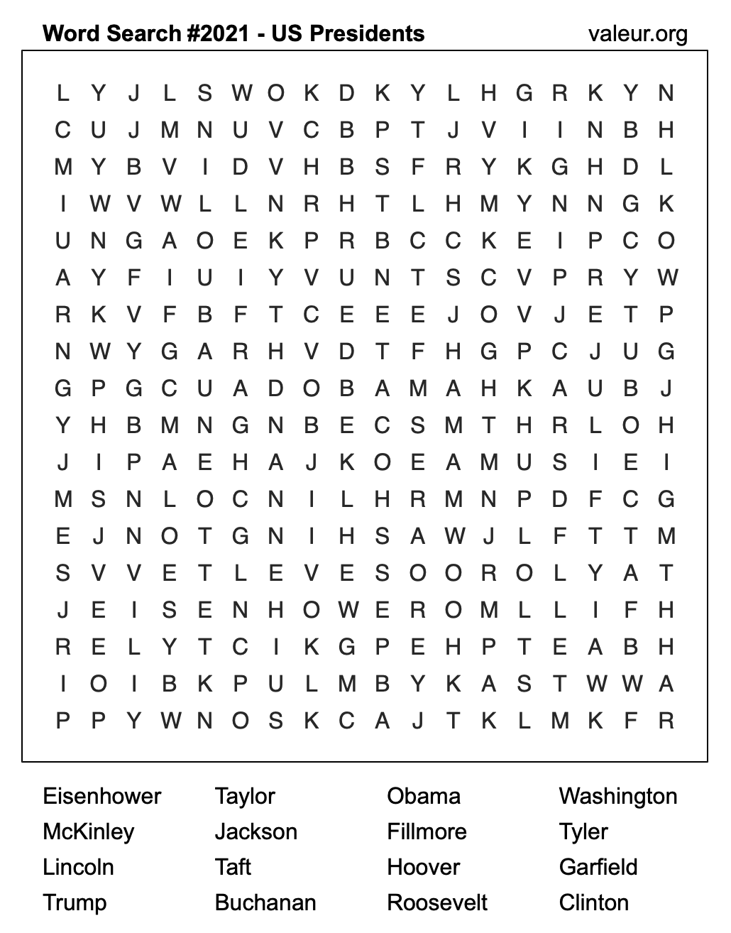 Word Search Puzzle with US Presidents #2021