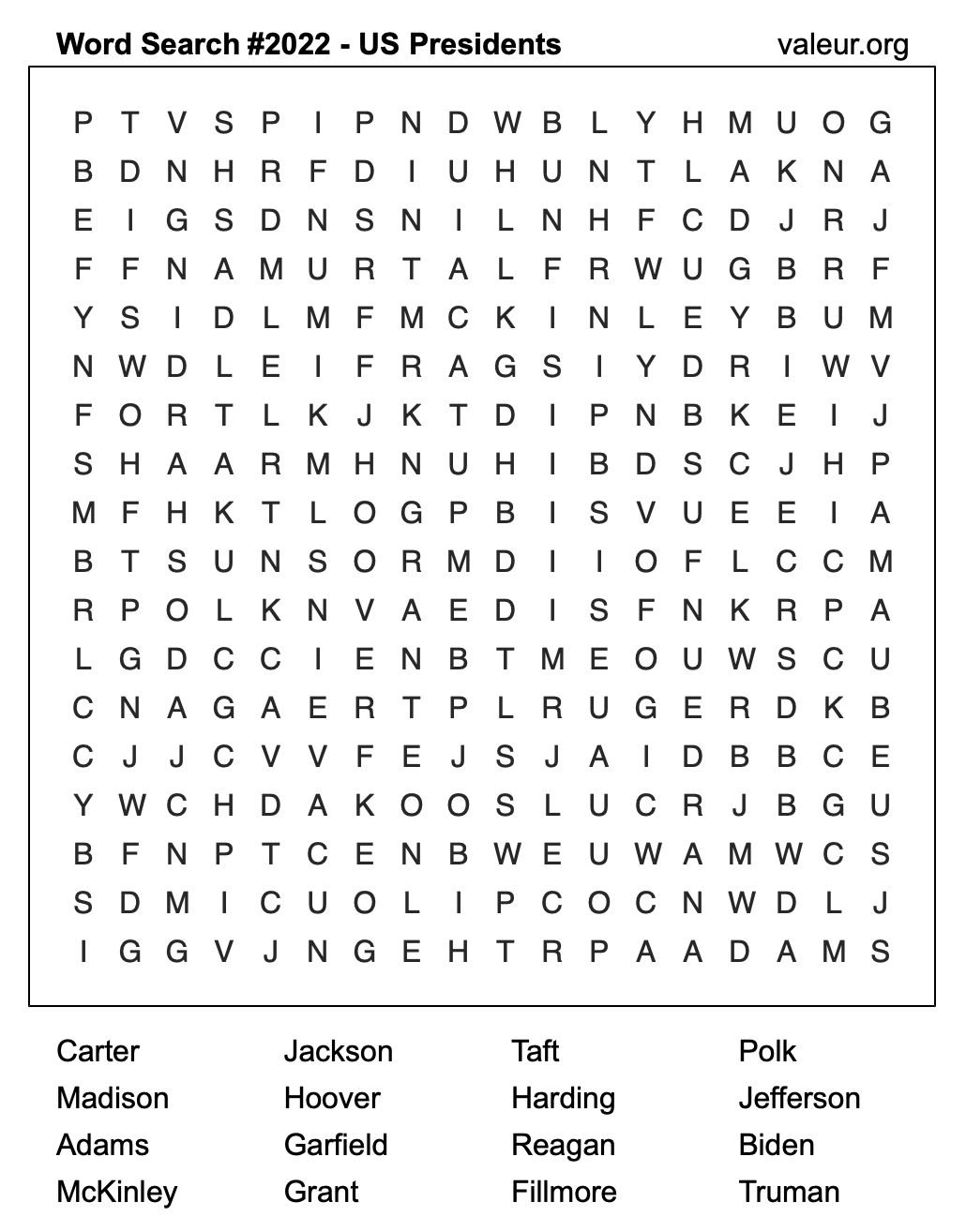 Word Search Puzzle with US Presidents #2022