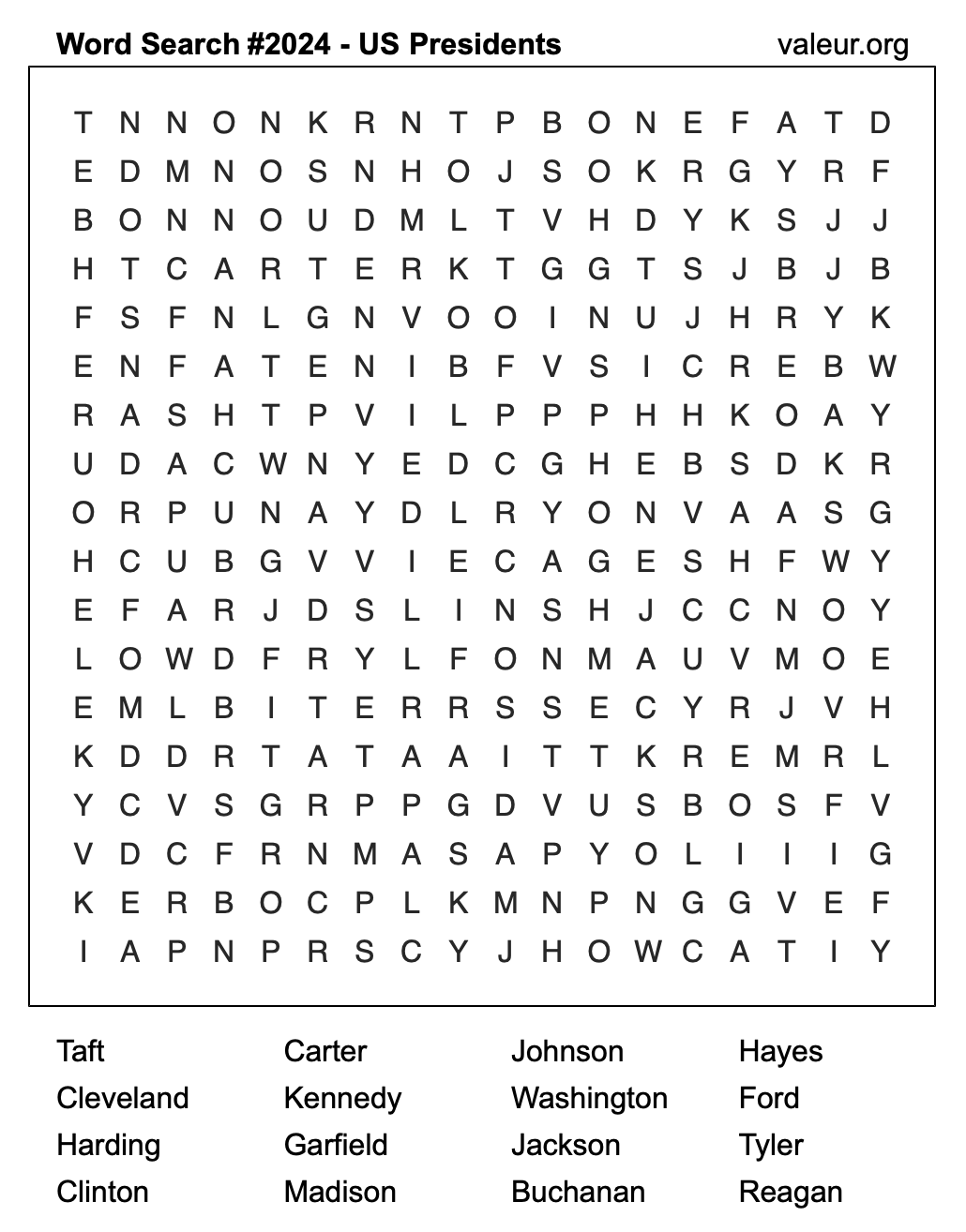 Word Search Puzzle with US Presidents #2024