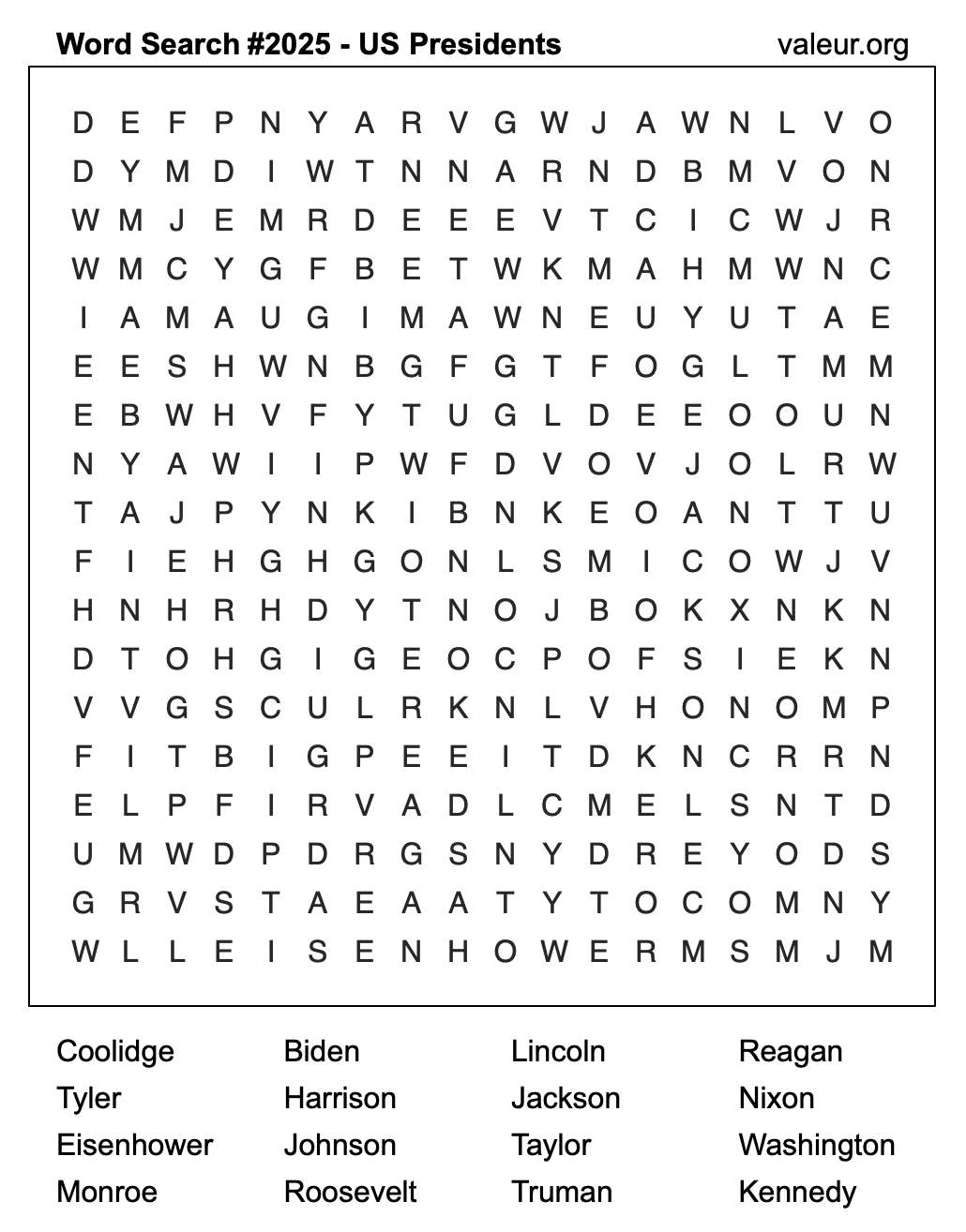 Word Search Puzzle with US Presidents #2025