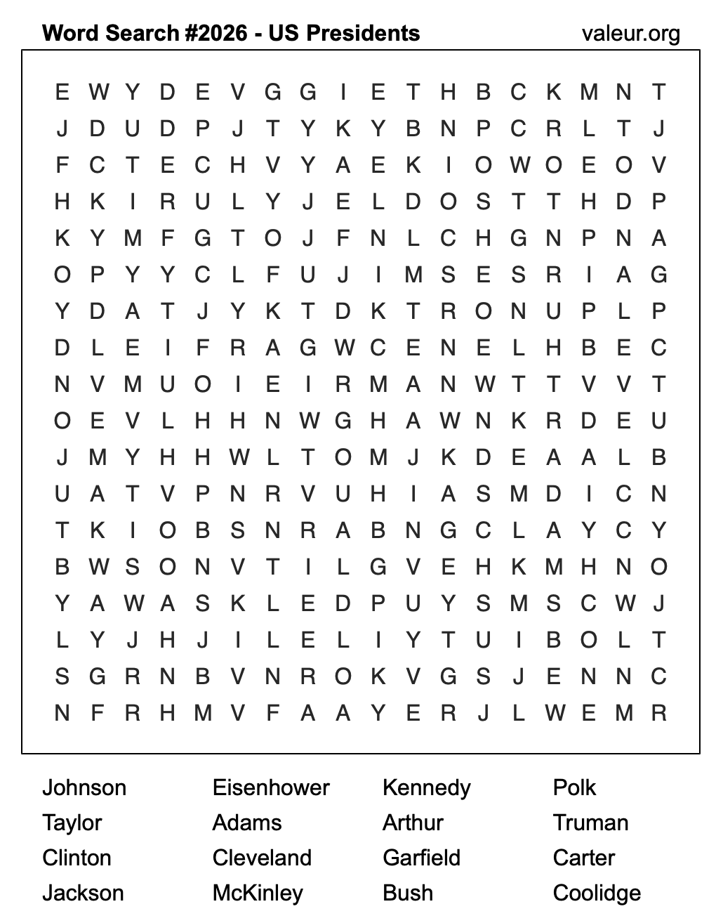 Word Search Puzzle with US Presidents #2026