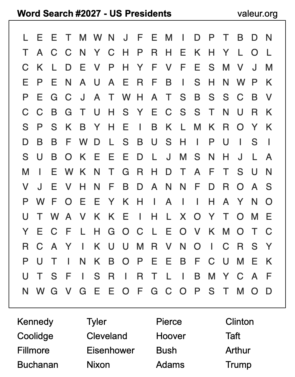 Word Search Puzzle with US Presidents #2027