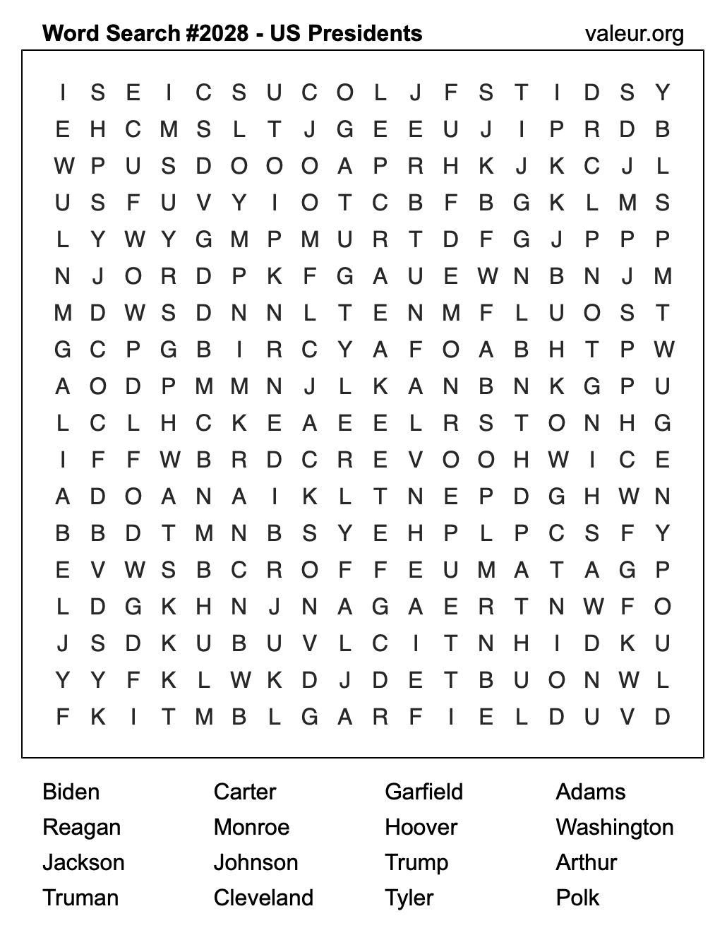 Word Search Puzzle with US Presidents #2028