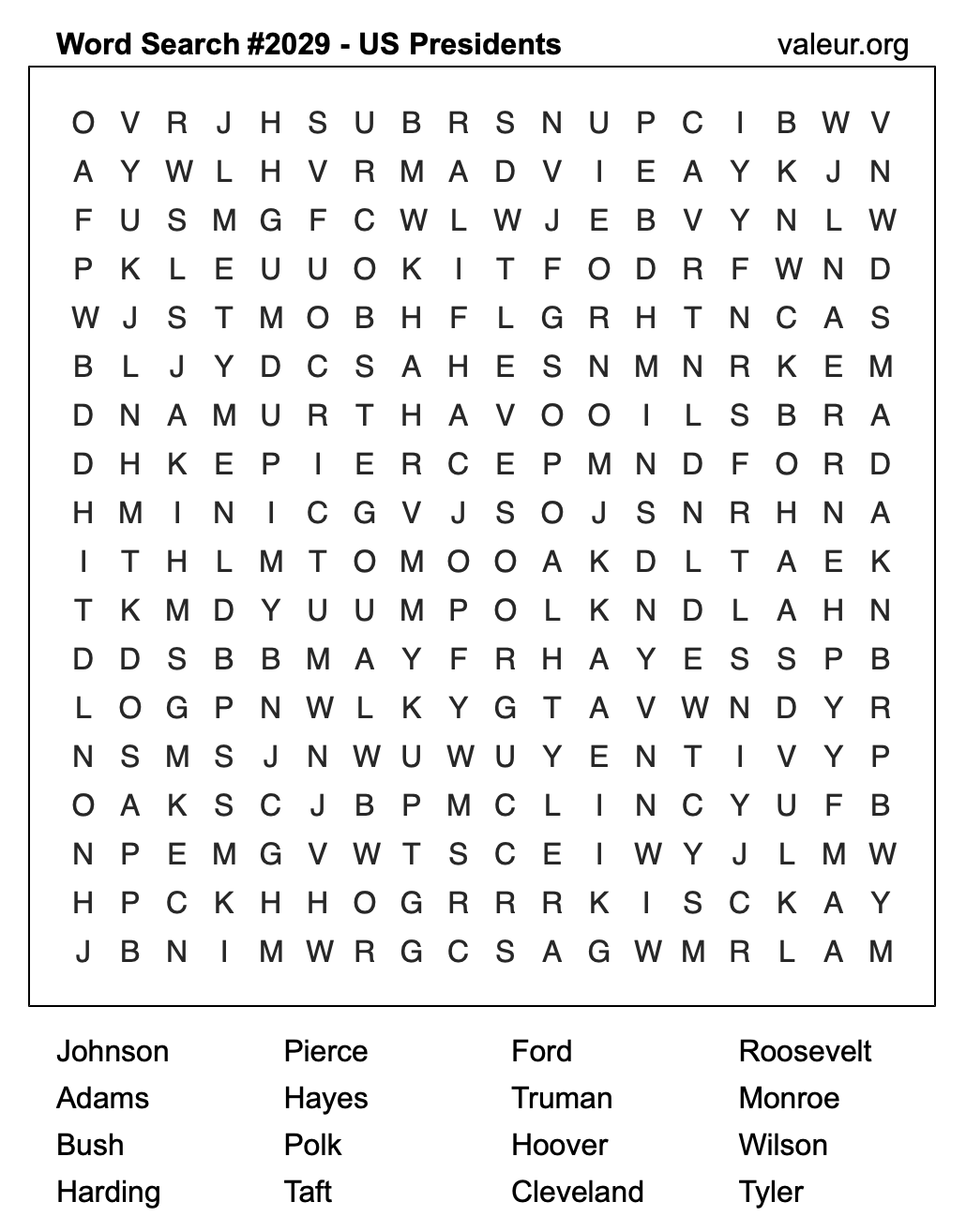 Word Search Puzzle with US Presidents #2029