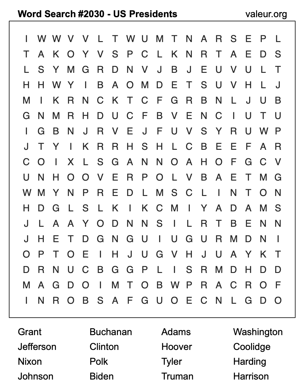 Word Search Puzzle with US Presidents #2030