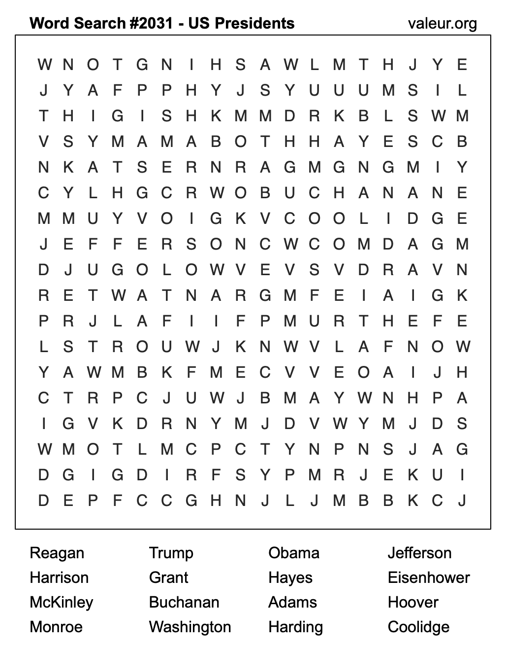 Word Search Puzzle with US Presidents #2031