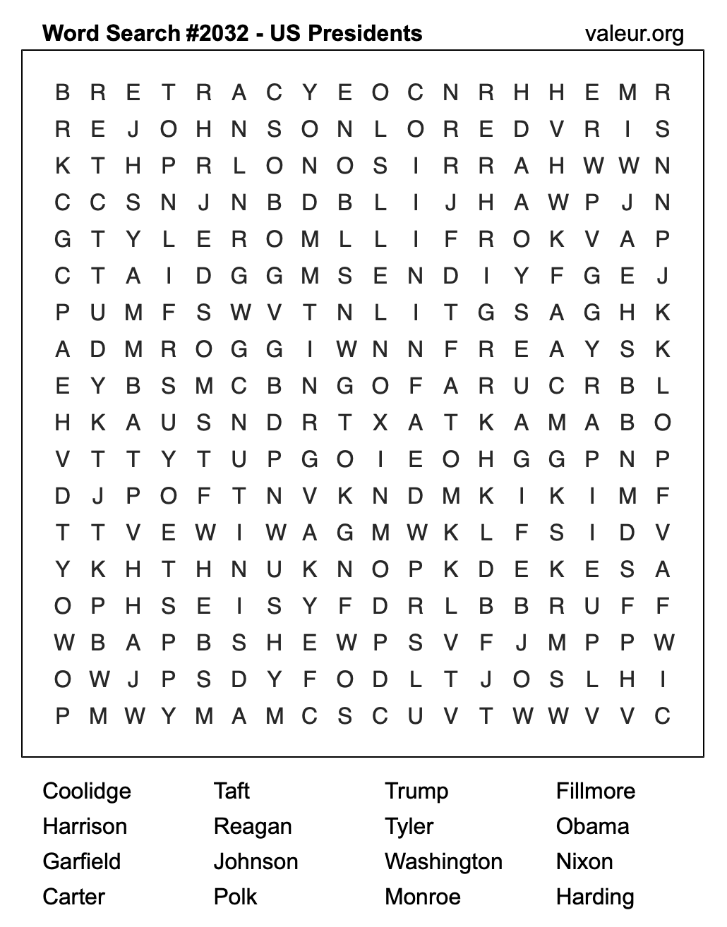 Word Search Puzzle with US Presidents #2032