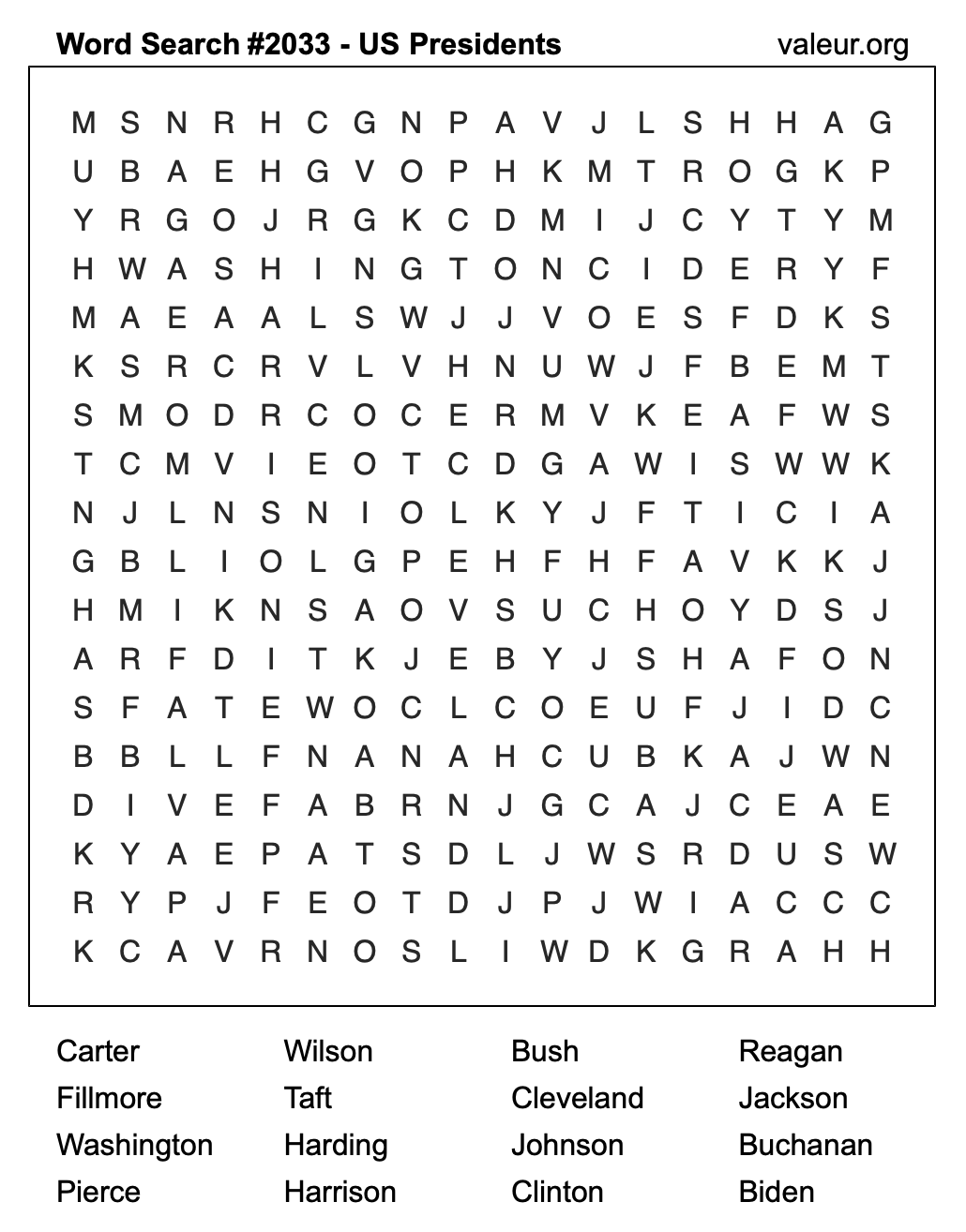 Word Search Puzzle with US Presidents #2033