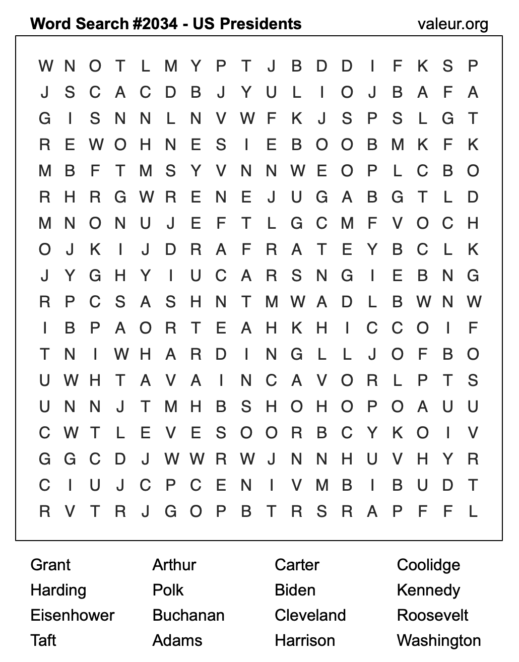 Word Search Puzzle with US Presidents #2034