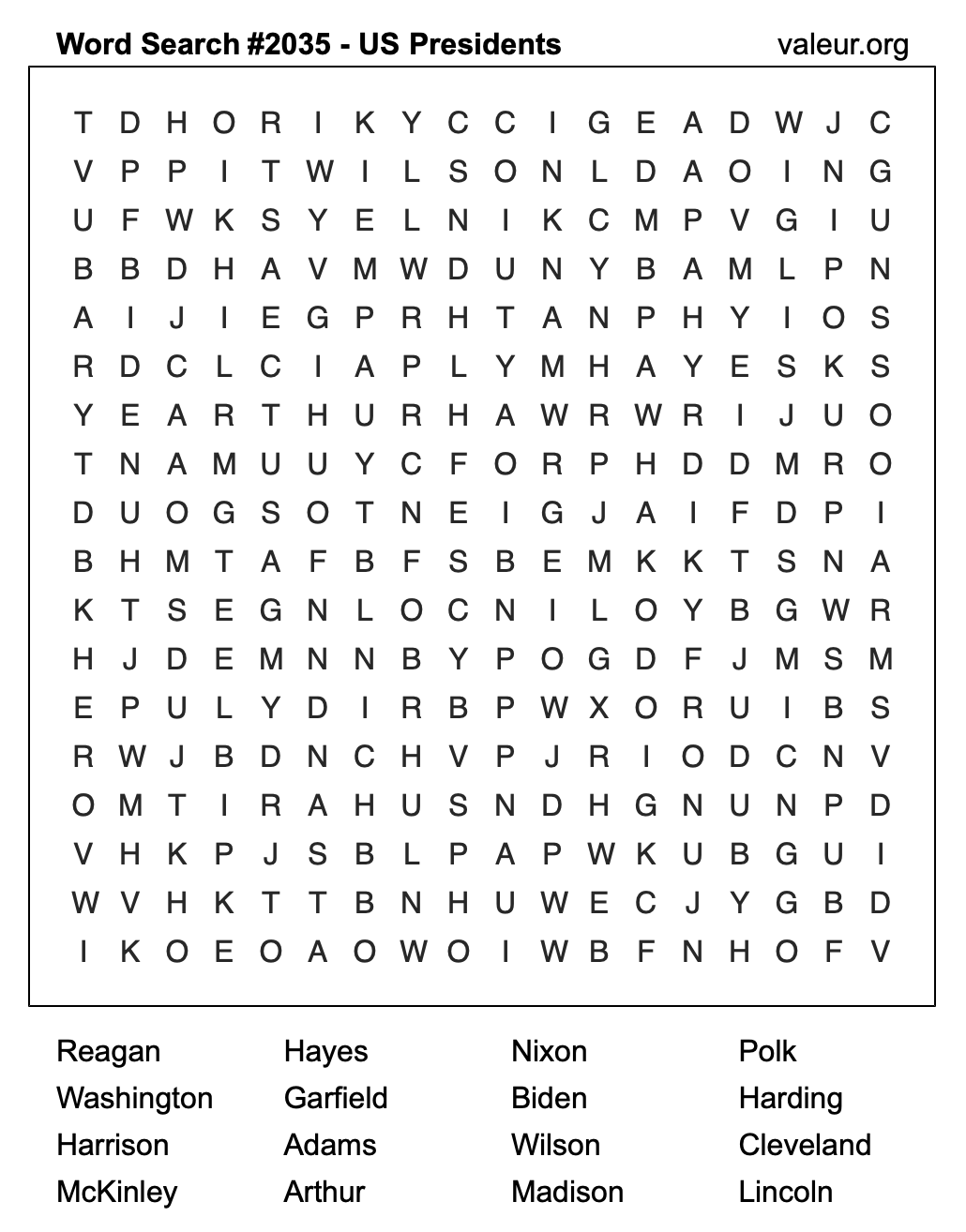 Word Search Puzzle with US Presidents #2035