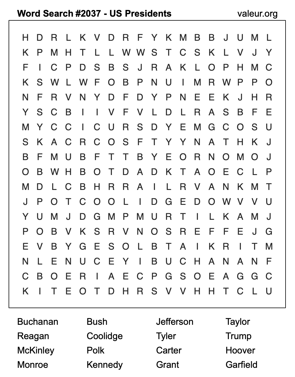 Word Search Puzzle with US Presidents #2037