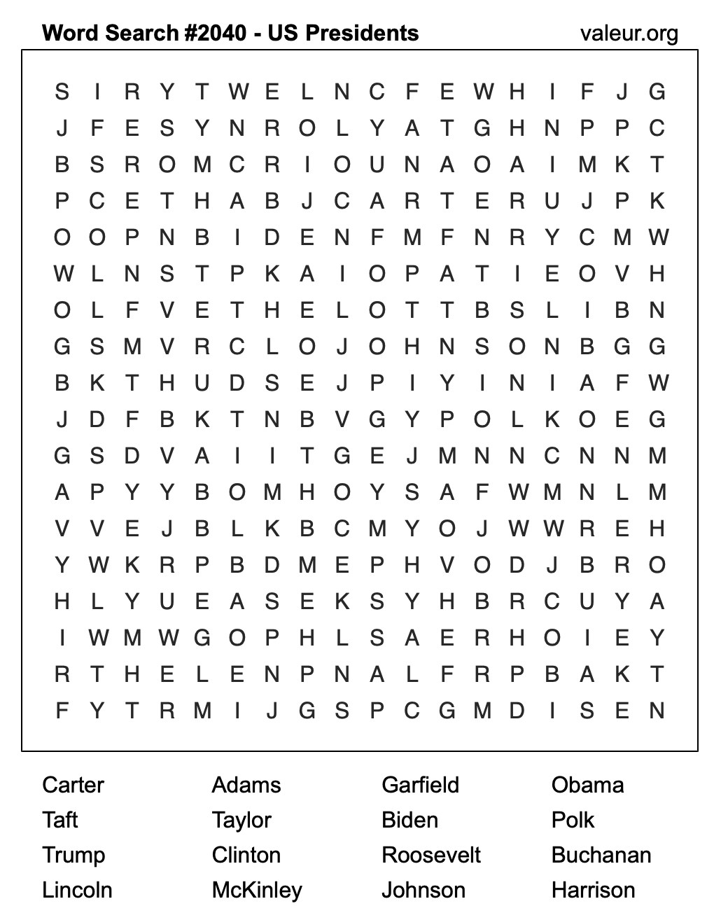 Word Search Puzzle with US Presidents #2040