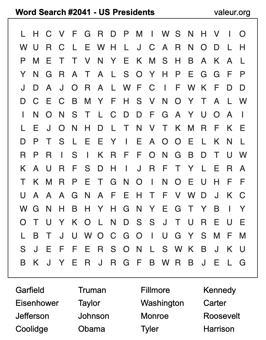 Word Search Puzzle with US Presidents #2041