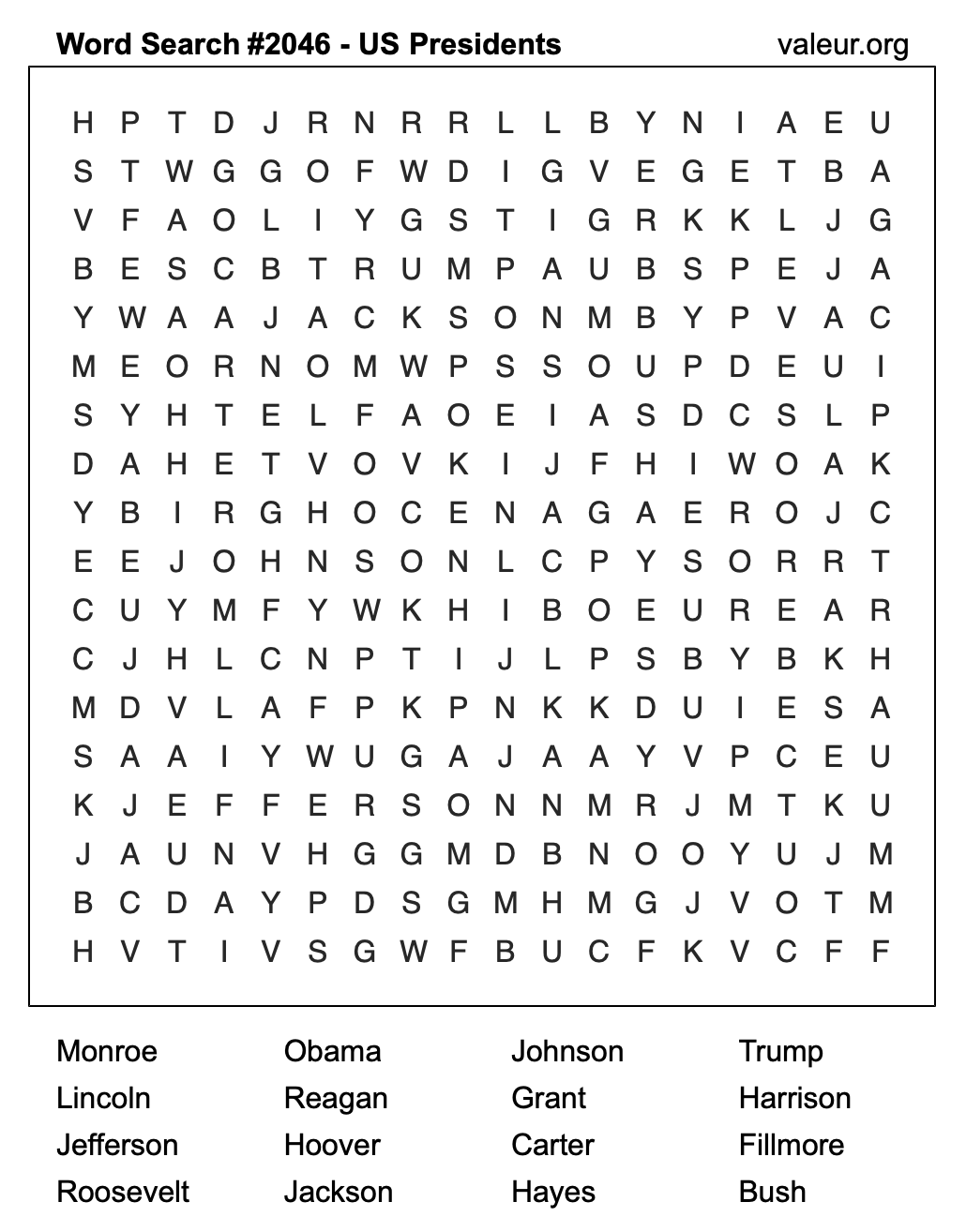 Word Search Puzzle with US Presidents #2046