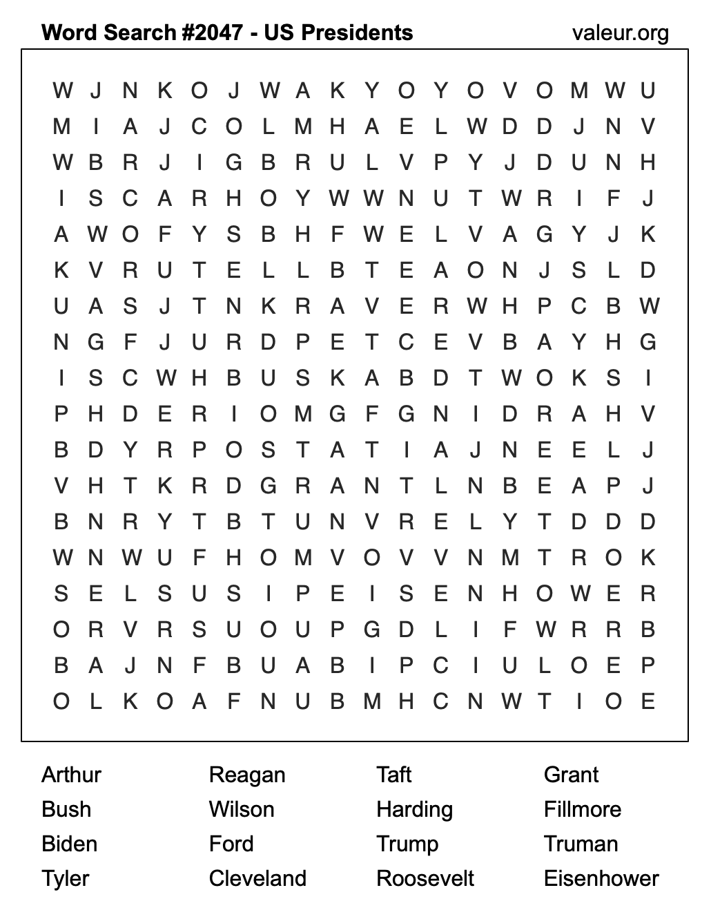 Word Search Puzzle with US Presidents #2047