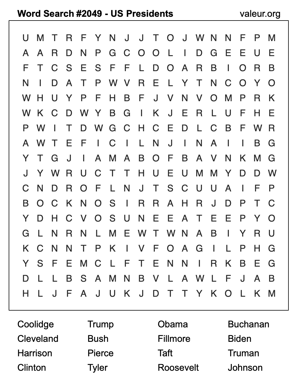 Word Search Puzzle with US Presidents #2049