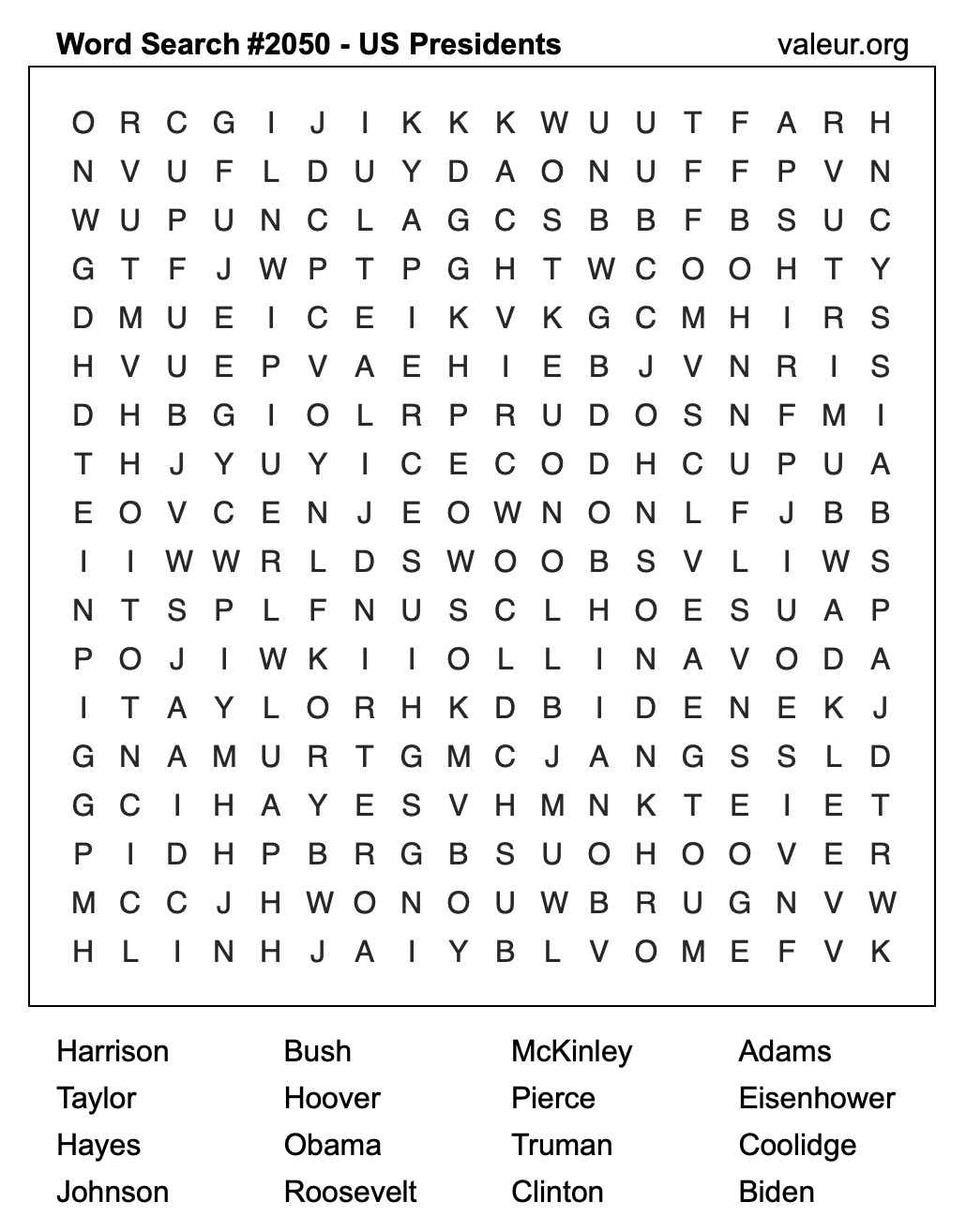 Word Search Puzzle with US Presidents #2050