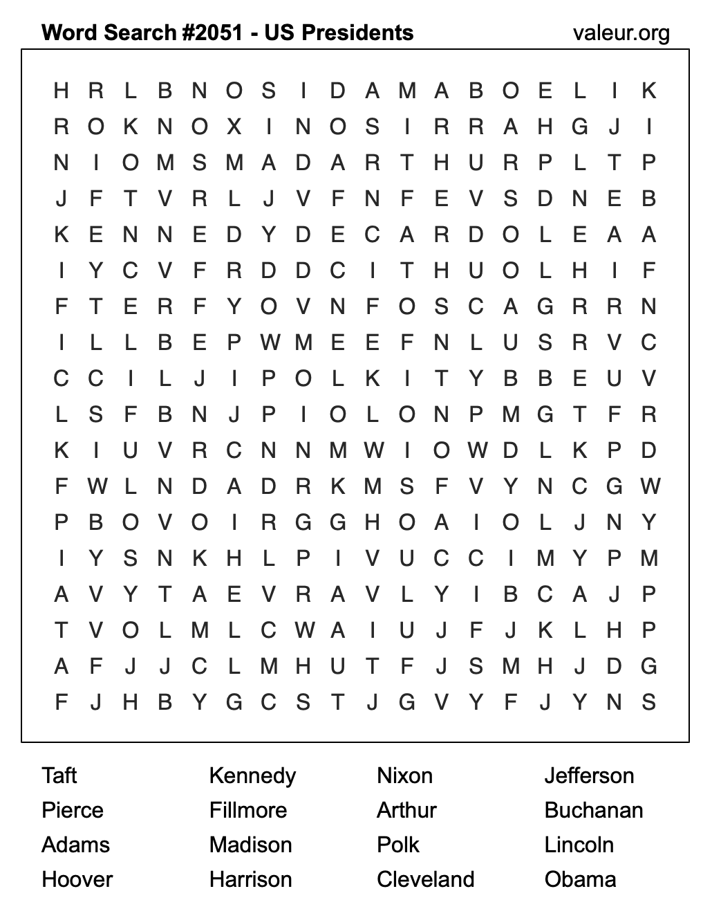 Word Search Puzzle with US Presidents #2051